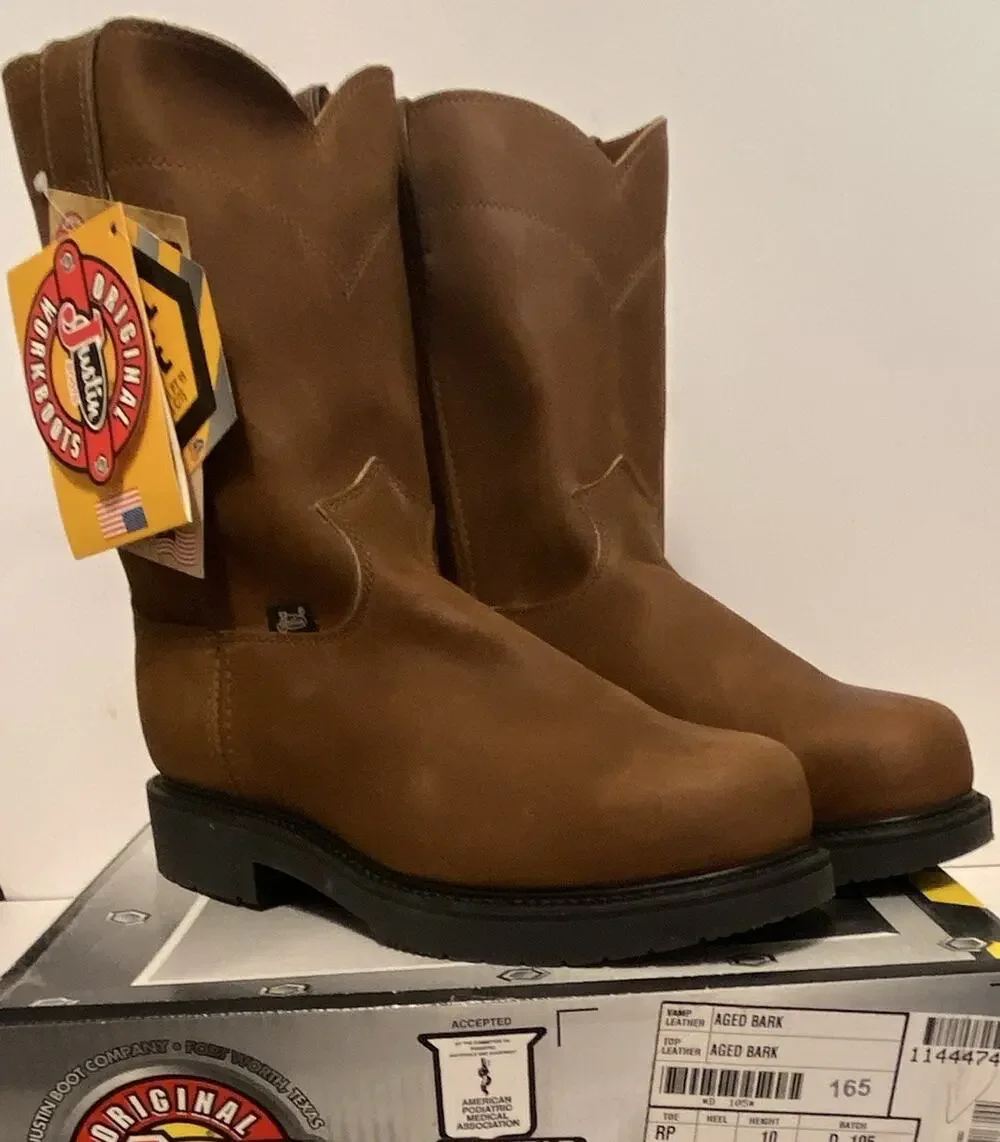 Justin 4795 Steel Toe Pull On Work Boots Mens 10.5 D Aged Bark NWT USA Made